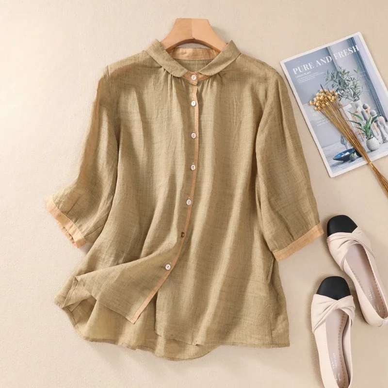 Cotton Linen Chinese Style Women's Shirts Summer Vintage Patchwork Blouses Loose Women Tops Fashion Clothing 2024 Korean