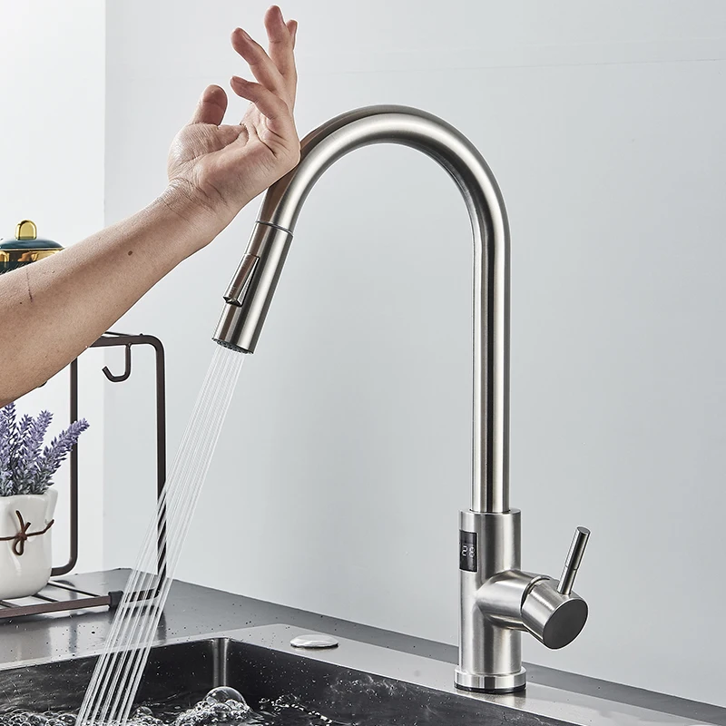 Sensor Küchen armaturen weiß berühren induktive empfindliche Wasserhähne  Mixer Wasserhahn Einhand Doppel auslass Wasser modi Deck halterung -  AliExpress