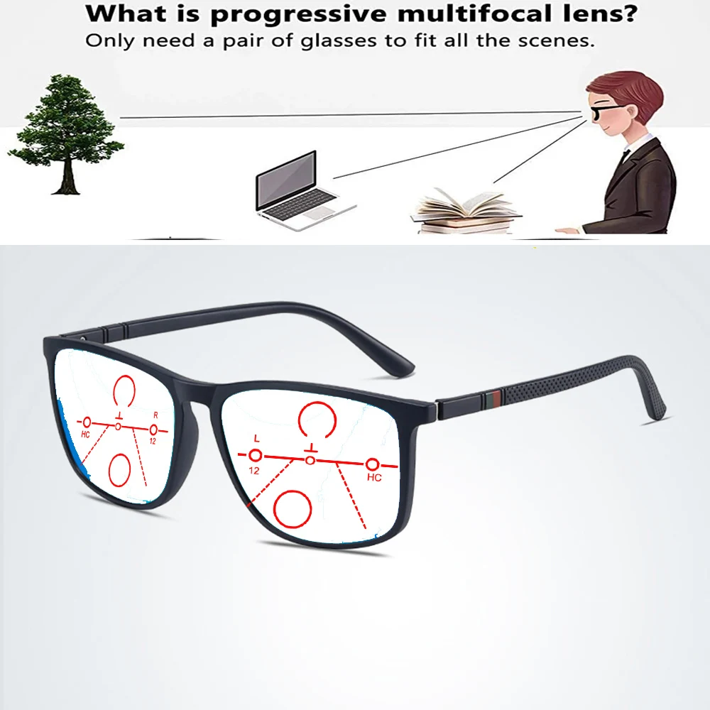 TR90 Temple Alloy Square Fashion Frame Comfortable Fashion Progressive Multifocal Reading Glasses +0.75 To +4