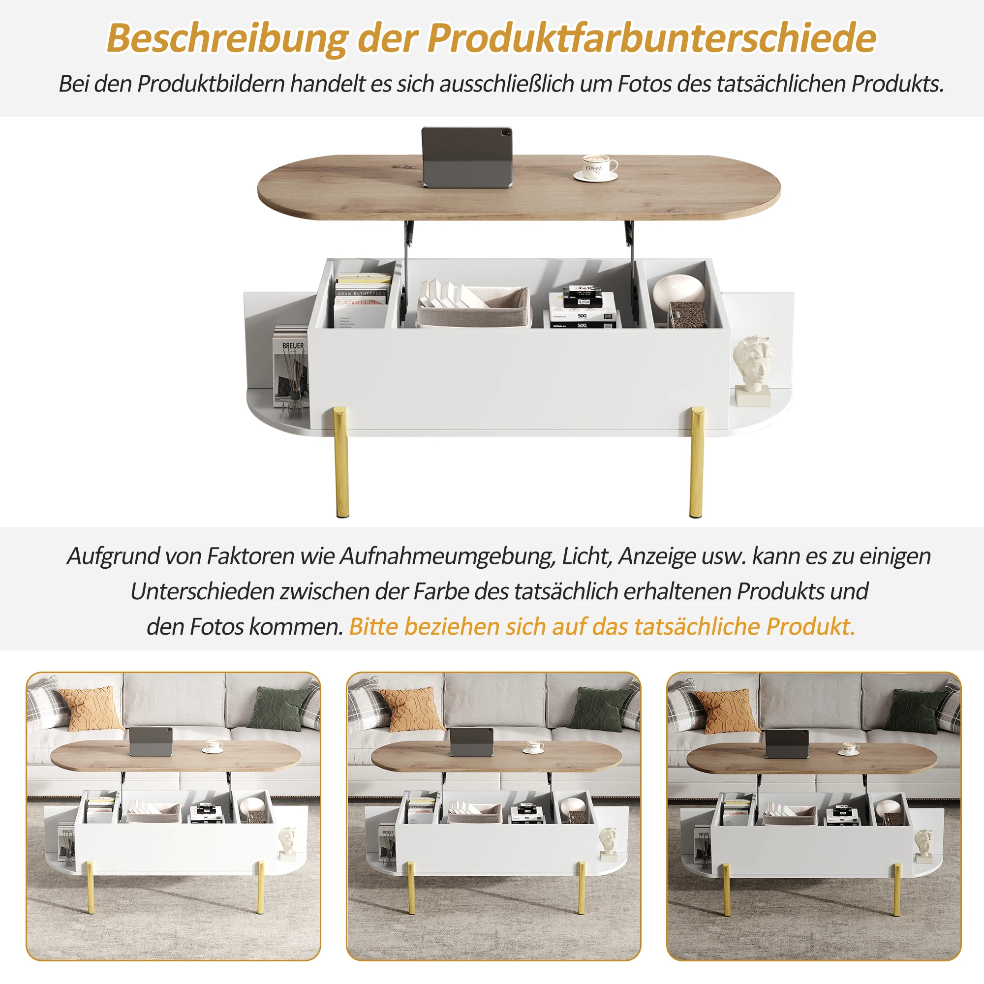 KOMHTOM Holzfarben-Weißer Couchtisch 120x50x43 cm - Höhenverstellbare Platte, versteckter Stauraum und 7 Ablageflächen – Detail 6