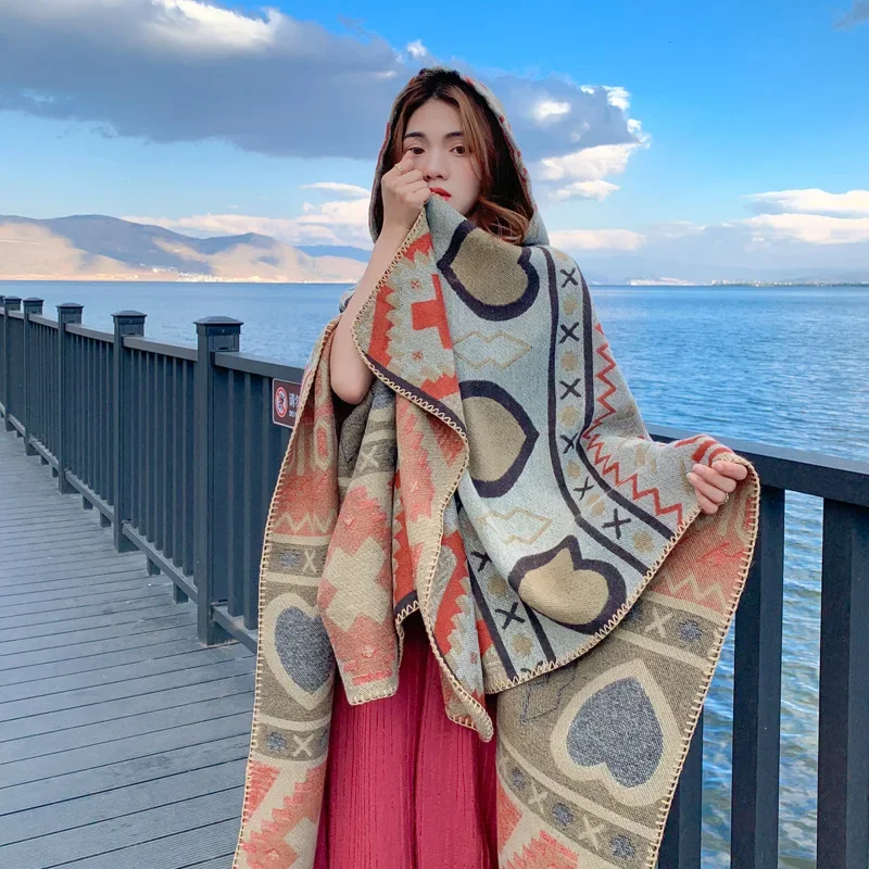 

2023 Brand Warm Cashmere Poncho Shawl Scarf Print Thick Pashmina Hooded Winter Blanket Wraps Bufanda Casual Stoles Echarpe T731