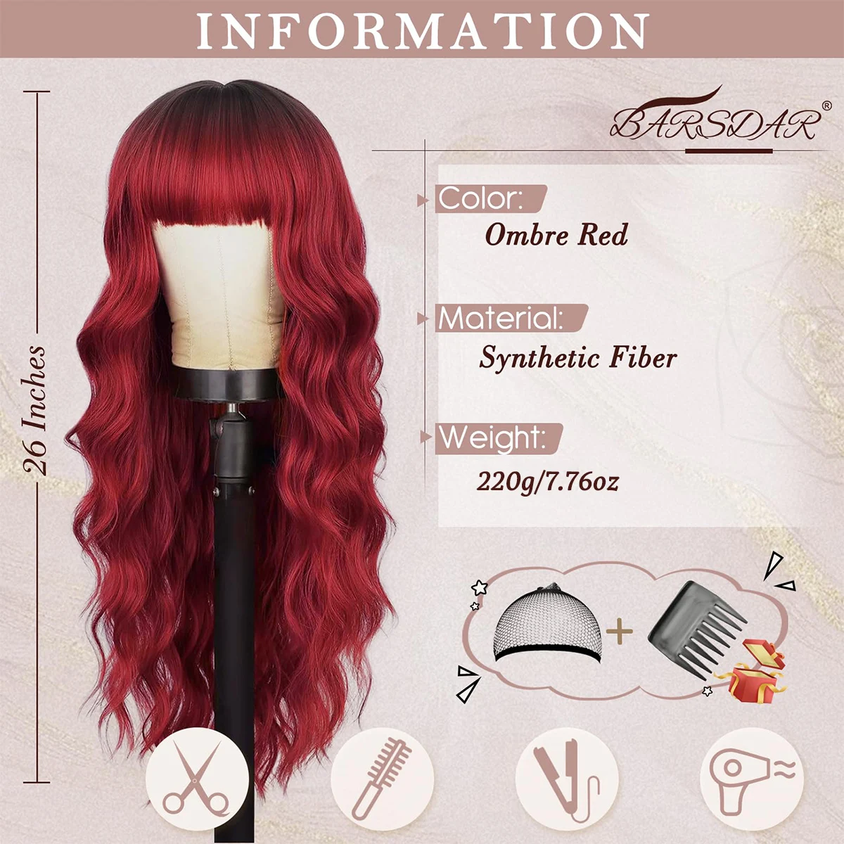Synthetic Long Wavy Red Ombre Wig with Bangs - 26 Inch curly Wig for Women Natural Looking Soft Halloween Cosplay Constume Wigs
