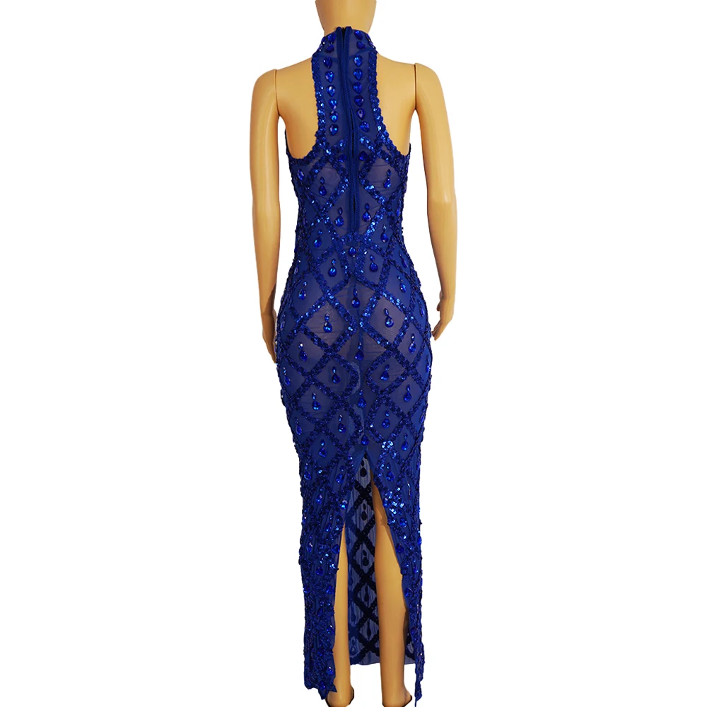 Blue Stones dress MermaidBodycon Halter Sleeveless Ballroom Evening Dress Festival Clothing Rhinstone Prom Special Ocassion Show