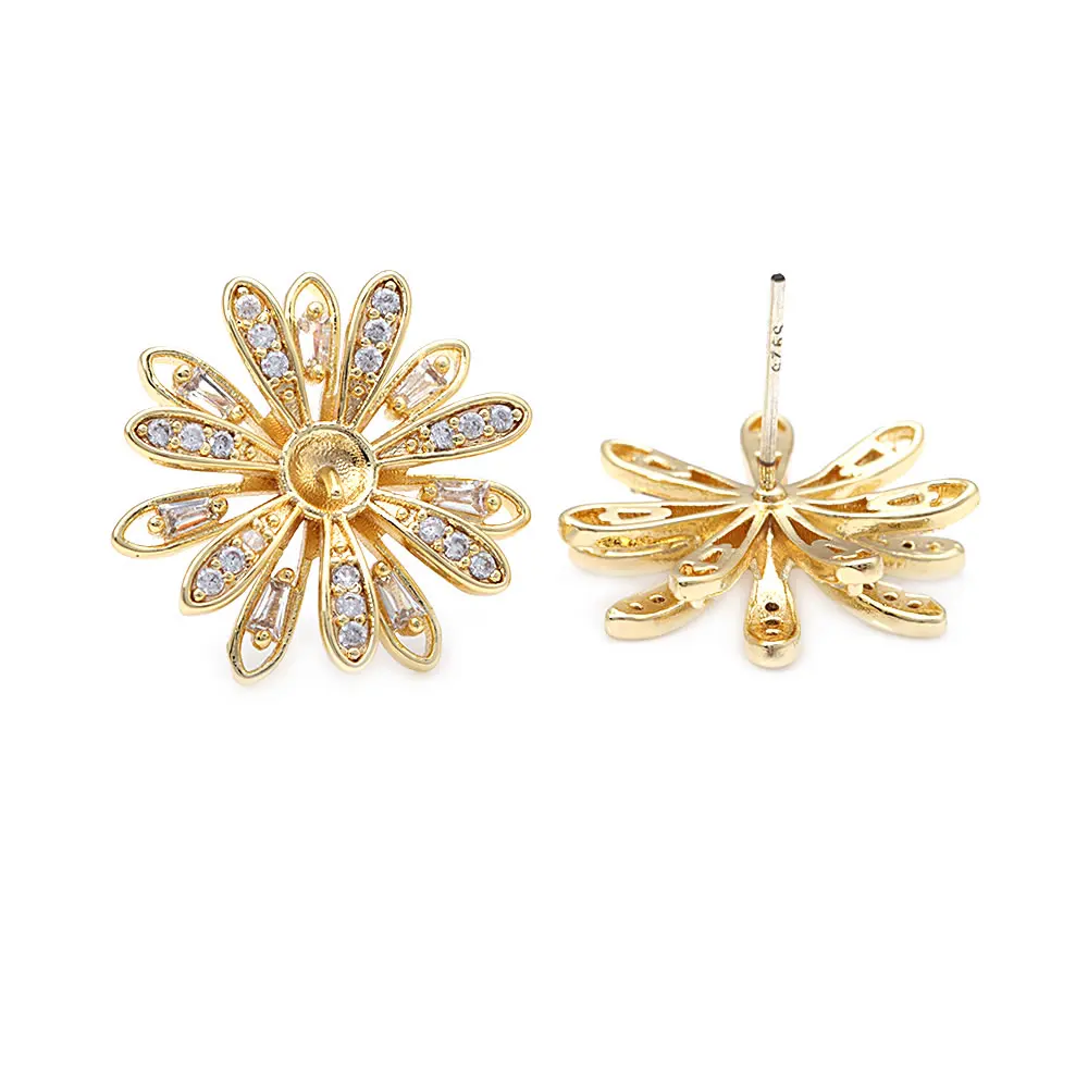 24K Gold Color Brass and Zircon with Beads Base Stud Earrings