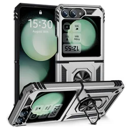 Hinge Protection 360° Rotating Ring Magnetic Kickstand Case - Heavy-Duty Shockproof Full Cover for Samsung Z Flip 5 (Silver)