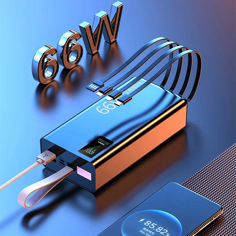 

Внешний аккумулятор 60000 мАч, 66 Вт, Сверхбыстрая Зарядка для Huawei P40 P50, Внешний аккумулятор со встроенным кабелем для iPhone 13 Xiaomi Samsung с подсветкой