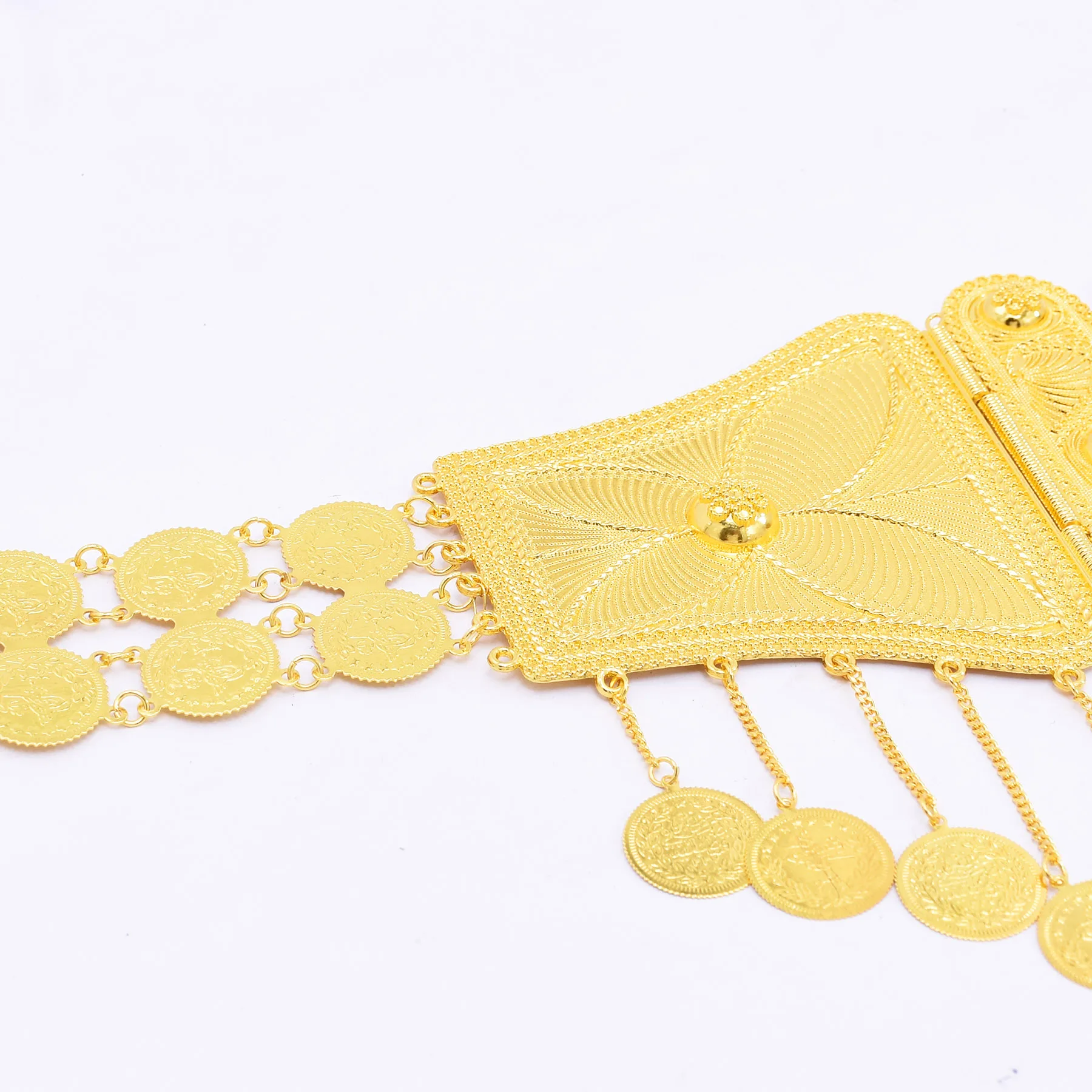 Vergoldete Legierung, geschnitzte Münzen, Quaste, breite Taille, Kette, Bauchgürtel, hohler Schmetterling, Kurdisch, Indien, Türkei, traditioneller Schmuck – Detail 5