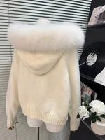 Women's Hooded Knitted Cardigan, Loose Fur Collar, Monochromatic Coat, Zipper Design, Casual Fashion, Winter, New, 2025 2