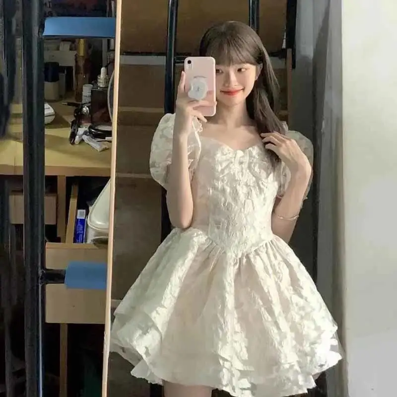 

2023 Summer Y2k Puff Sleeve Mini Dress Women Elegant Short Party Dress Female Slim Square Collar Dress Korean Fashion Chic