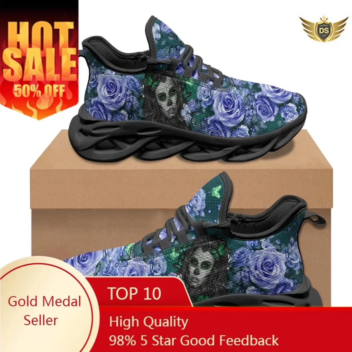 Gothic Girl Purple Rose Design Light Soft Flats For Women Comfortable Mesh Sneakers Lace-up Running Shoes Halloween Gift 2023