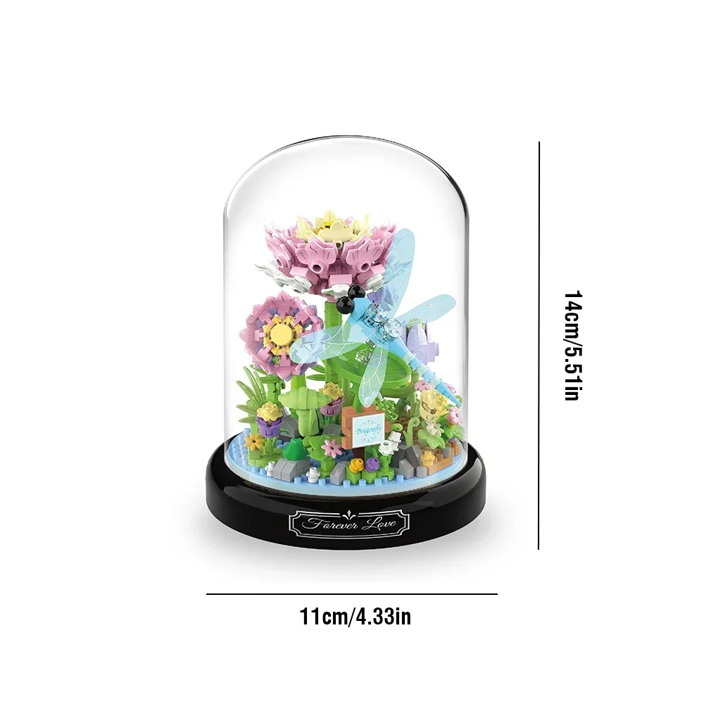 Flower Bonsai Building Blocks Bee Butterfly Insect Plant Potted Model Bricks with Dust Cover Children's Diy Toy Christmas Gift