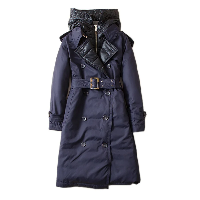 

2023 Winter Women's Double Breasted Duck Down Trench Coat Hooded Long Design Slim Parkas