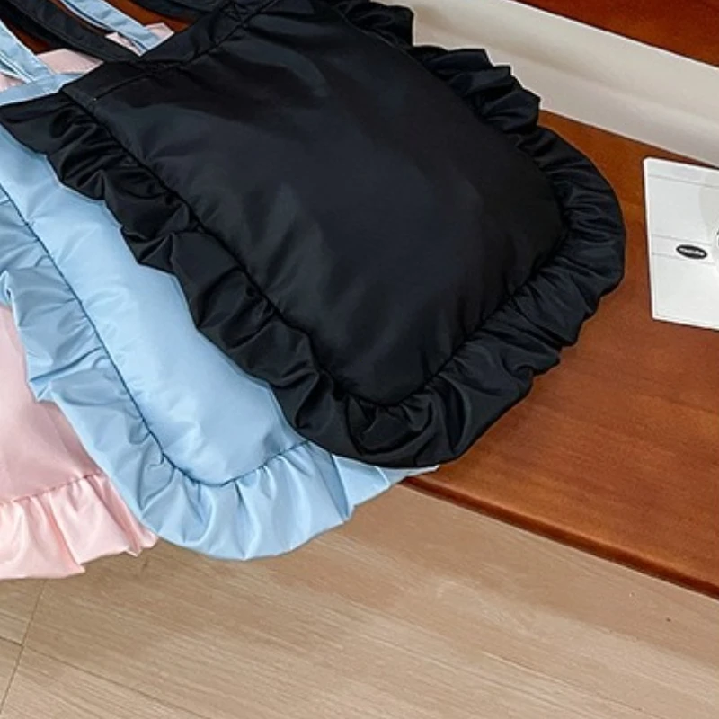 French Style Womens Shoulder Bag Nylon Ruffled Korean Fashion Elegant Tote Bag Large Capacity Cute Pink Sweet Female Handbag