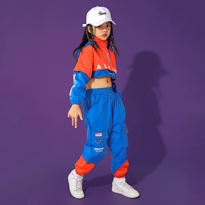 Hip Hop Dance Costume Boys Girls Long Sleeve Hiphop Clothing Hooded Tops Blue Pants Ballroom Jazz Dance Clothes Show Wear BL5187
