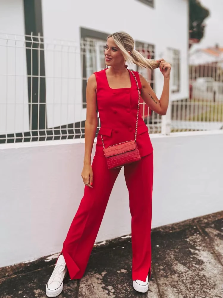 HH, trajes de moda de verano para mujer, cuello cuadrado rojo