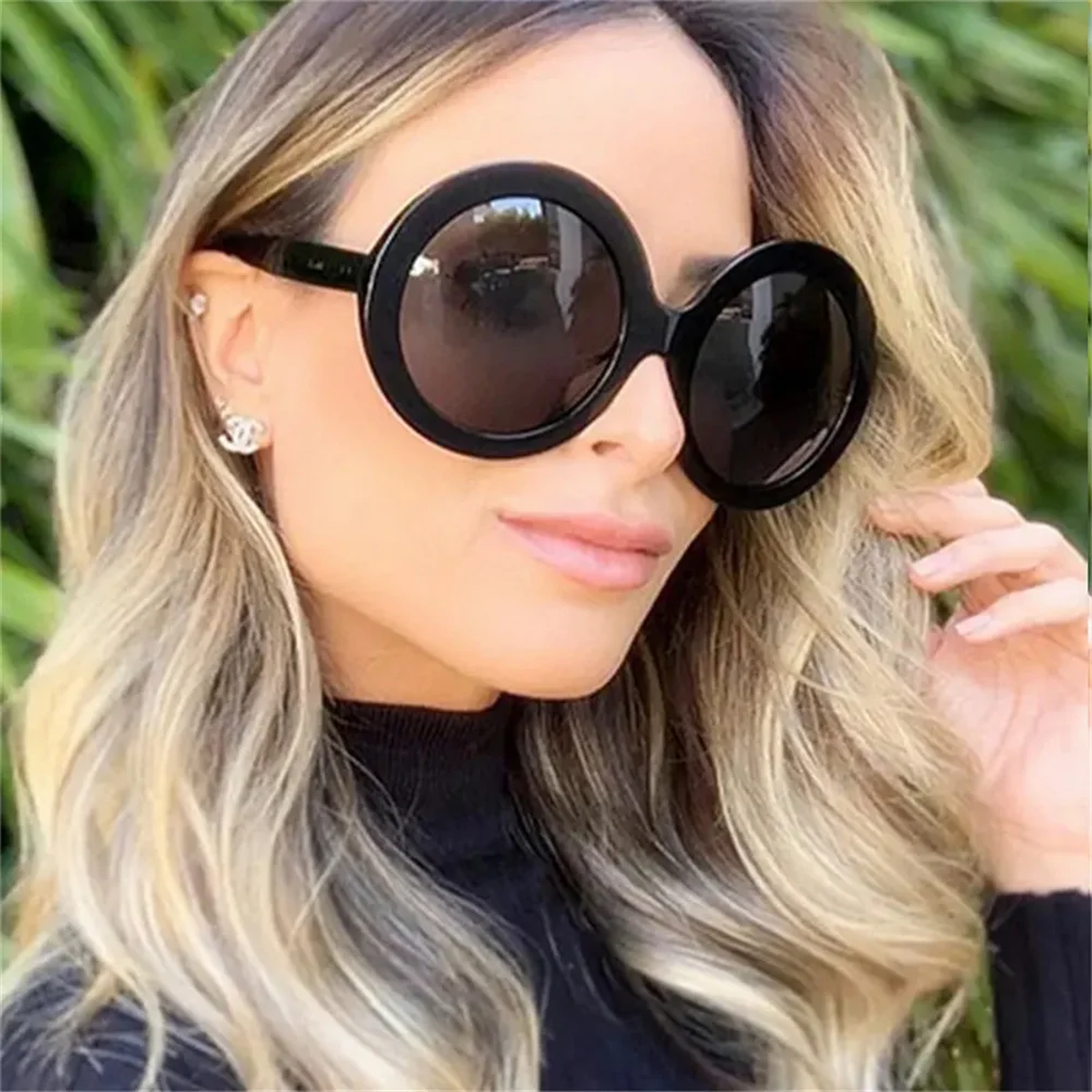 Women Round Frame Sun Glasses Brown Gradient Vintage Oversized