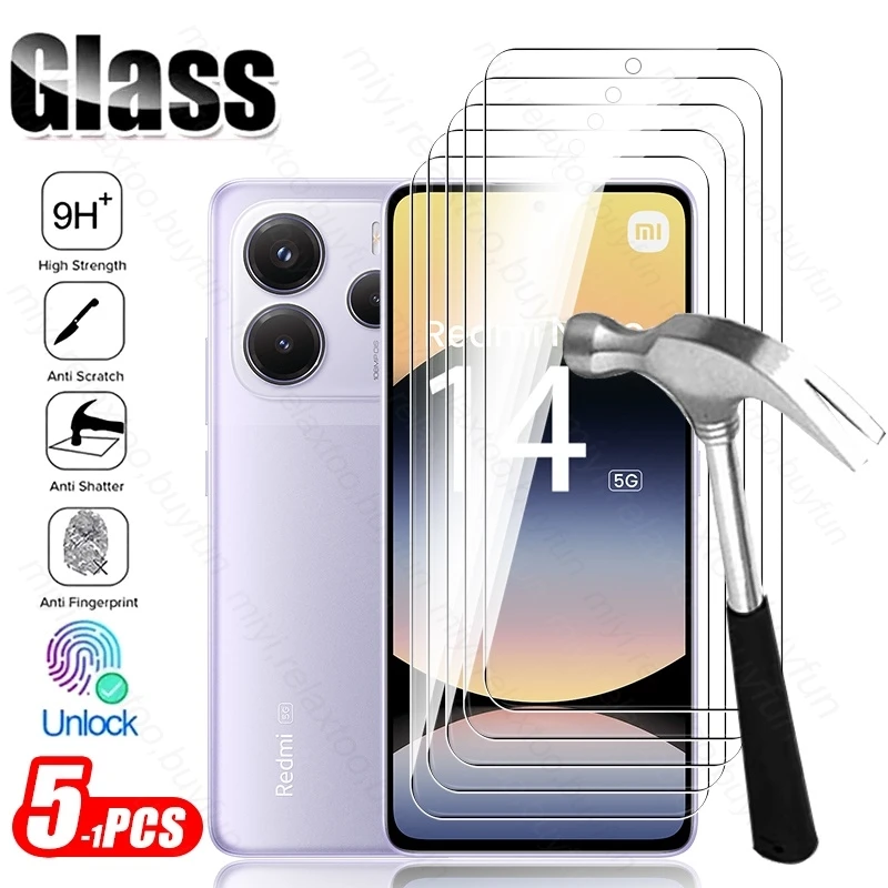 레드미 노트14 5G 5개입 9H 강화유리 액정 보호필름 (레드미 노트 14, 14s 5G, 4G 호환) 투명 크리스탈 강화유리 스크래치 방지 케이스 호환