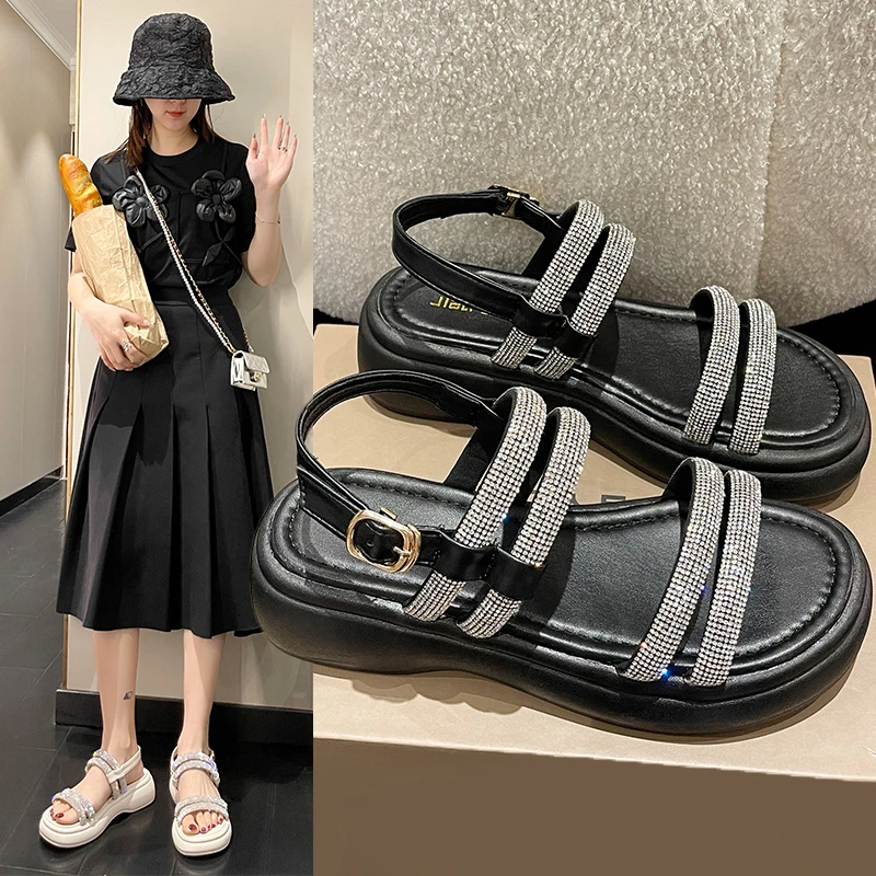 

Med Fashion Womens Shoes 2022 Buckle Beige Heeled Sandals Clogs Wedge Anti-Skid Medium Luxury Comfort Strap Black Platform New