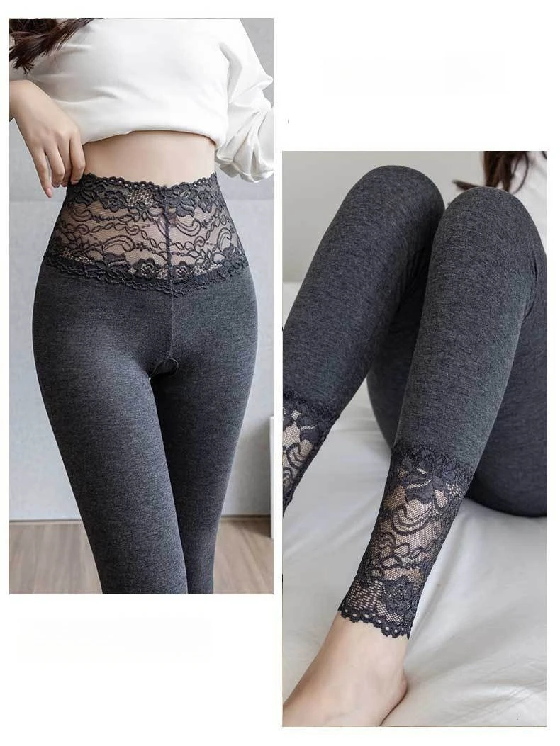 Hochgeschnittene Leggings mit Spitzenbesatz für Damen, Frühling/Herbst Oberbekleidung, Grau, Schlanke Passform, Dehnbar, Atmungsaktiv, Alltags-Strumpfhose – Detail 16