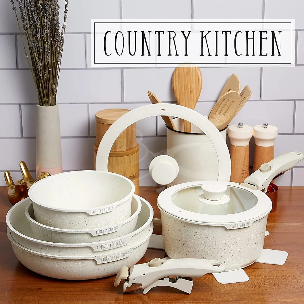 Country Kitchen 13 Piece Pots and Pans Set - Safe Nonstick Kitchen Cookware  with Removable Handle, RV Cookware Set, Oven Safe