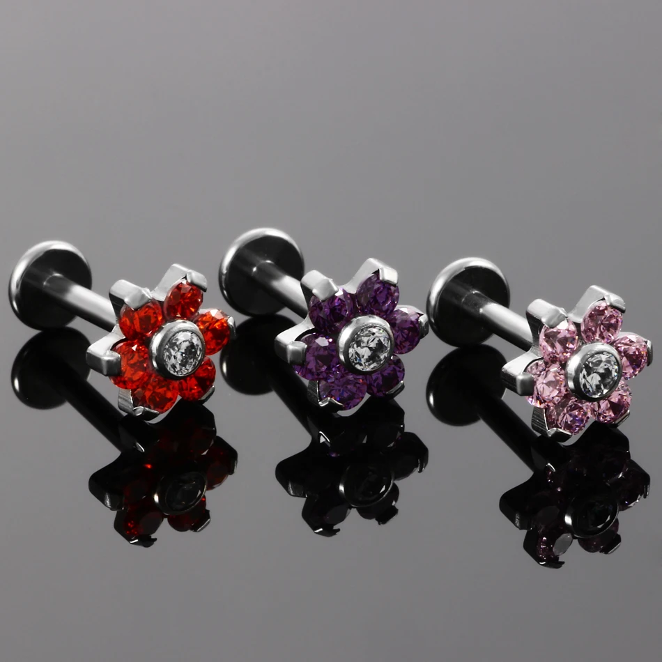 10Pcs /Lot Titanium Ear Piercing Stud Earrings Internally Threaded Labret Lip Ring Flower Ear Piercer Tragus Pirsings Jewelry