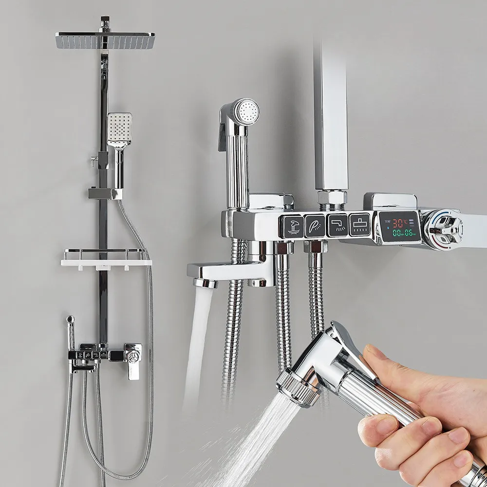 Digital Display Thermostatic Shower Faucet Chrome Bathroom  Set Rainfall  Bath  Bathtub  Bidet 