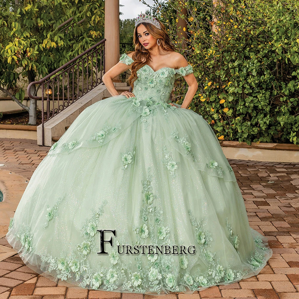 

Fanshao Pastoral Tiered Quinceanera Dress 3D Appliques Sweetheart Tulle Off the Shoulder 15 Anos Vestido Ball Gown Made to Order
