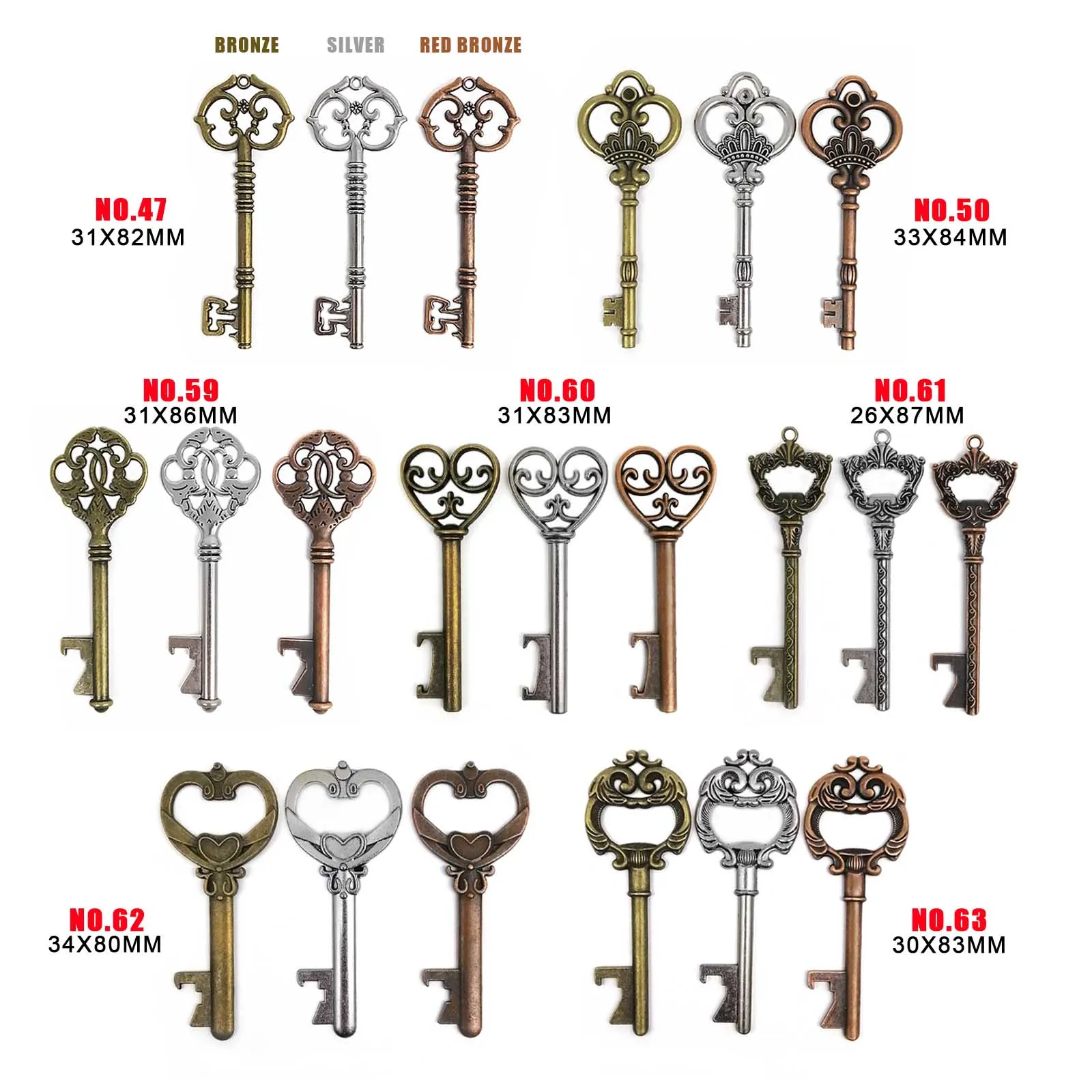 10pcs Old Looking Decorative Key for Steampunk Charms Pendant Jewelry  Making DIY Metal Retro Red Antique Brass Vintage Silver