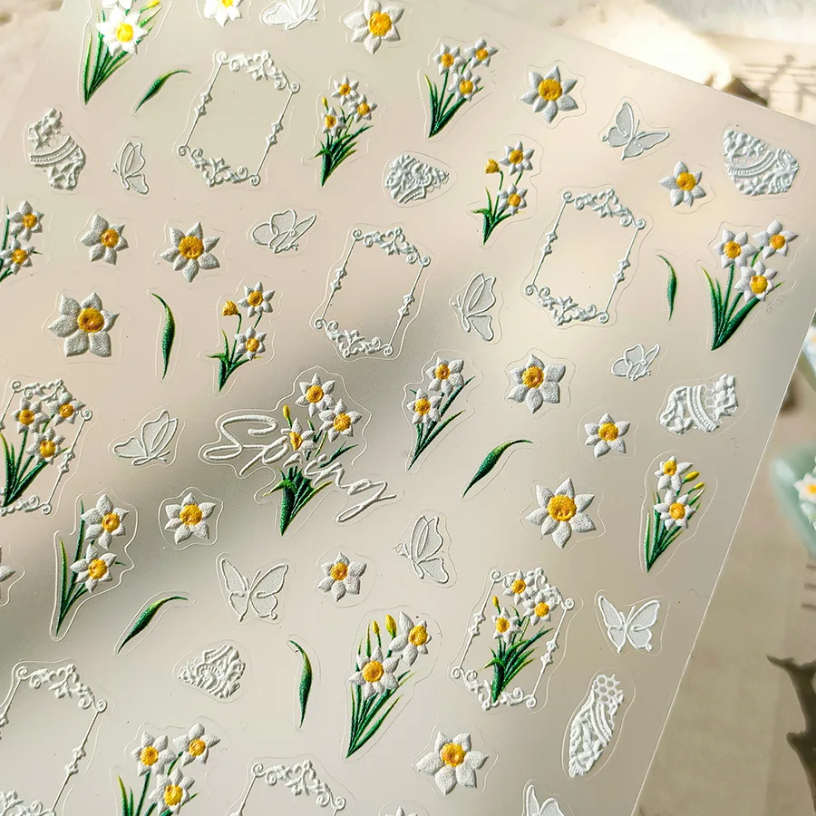 White Daffodils Butterfly 5D Soft Embossed Reliefs Self Adhesive Nail Art Stickers Lily Flowers 3D Manicure Decals