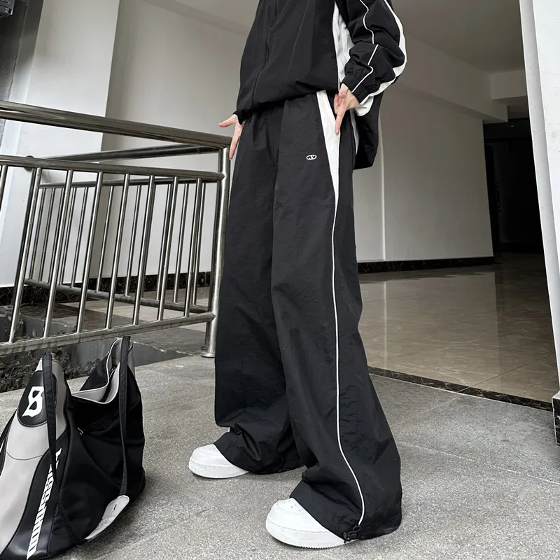 American Streetwear Black Tracksuit Women Two Piece Sets New Loose Stand  Collar Jacket Drawstring Straight Baggy Pants Suits