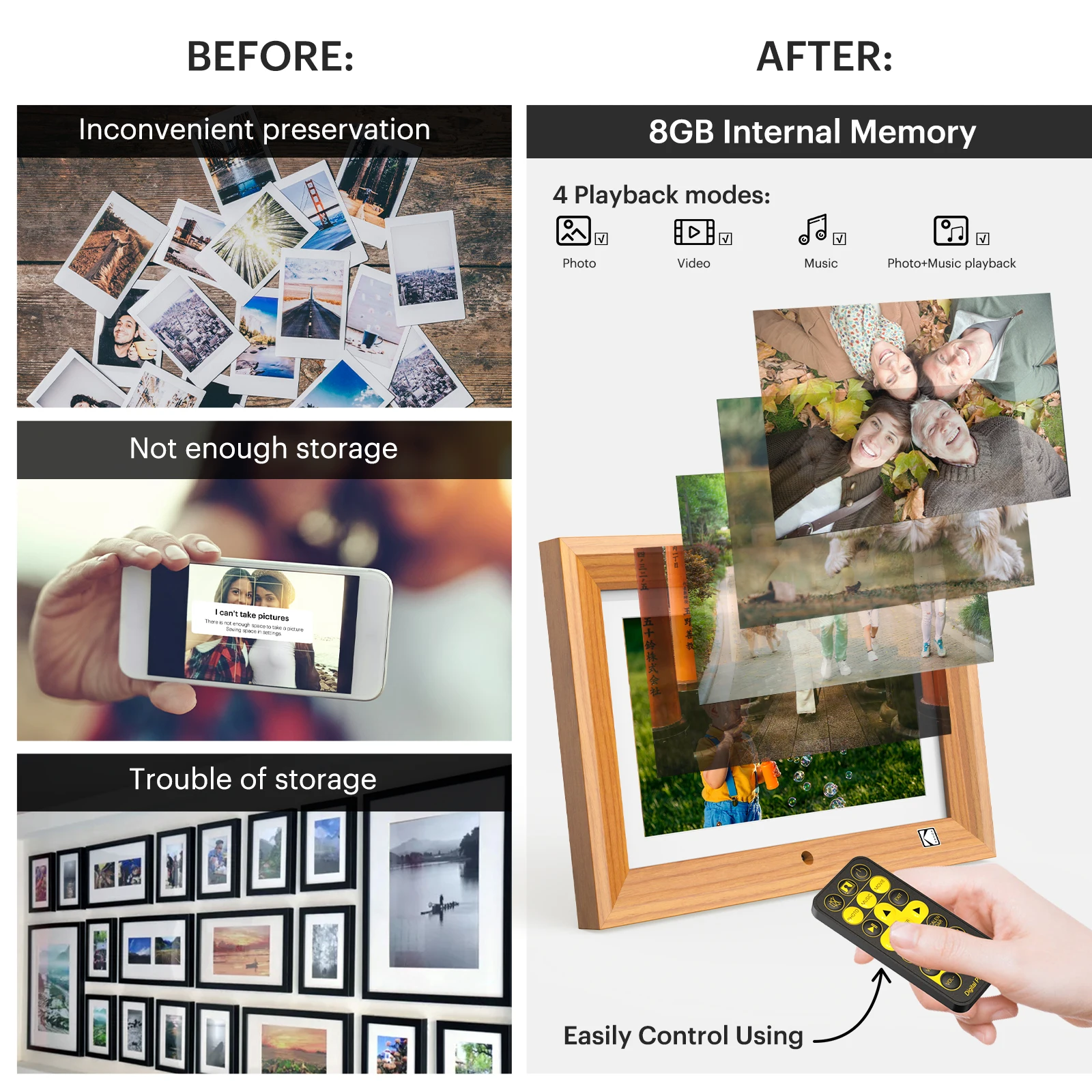 Kodak 10.1 Inch Digital Picture Frame Remote Control 1280*800 HD Display 8GB Storage Music Video Player Calendar Clock Acrylic digital photo frame