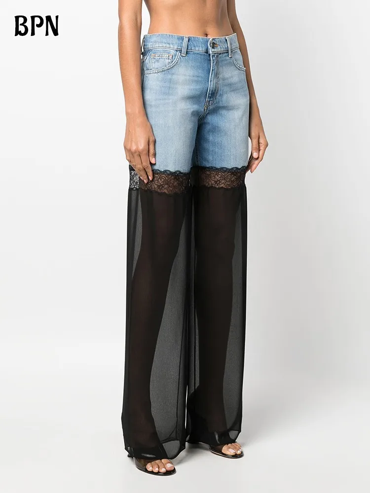 BPN Sexy Patchwork Lace Jeans For Women High Waist Hit Color Casual Loose Wide Leg Spliced Denim Trousers Female Fashion Style