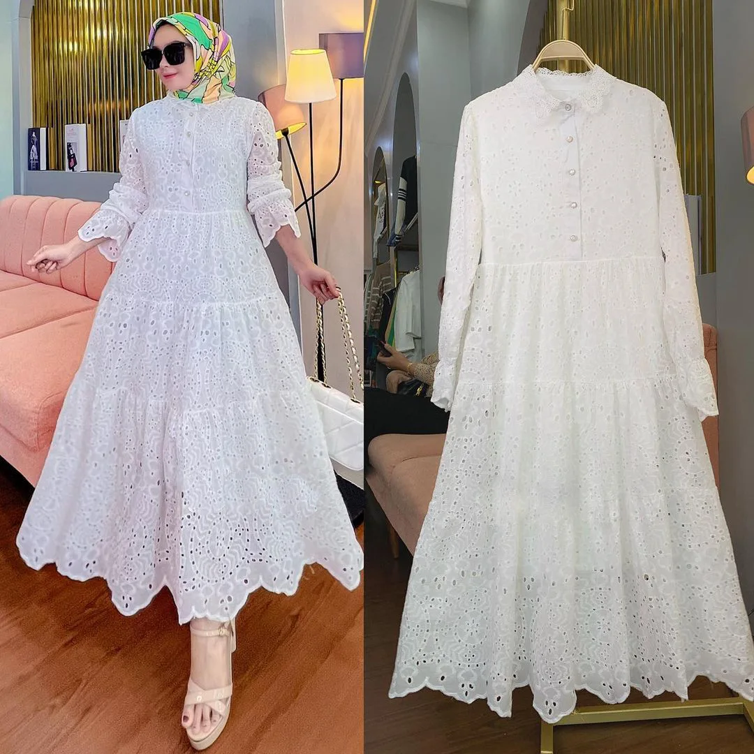 Long Dresses With Sleeves Islamic Southeast Asian Indonesian Women's Clothing Embroidery Hollow Lace Dress Ensembles Musulmans