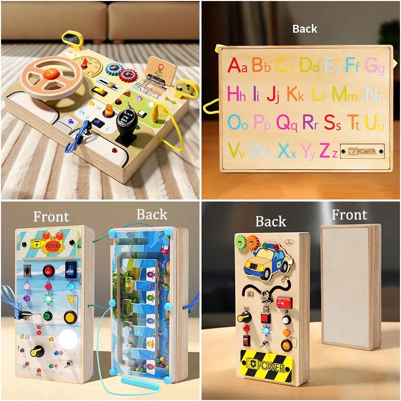 Montessori Busy Board with LED Light Switch & Car Steering Wheel – Sensory Travel Activity Toy for Kids 3