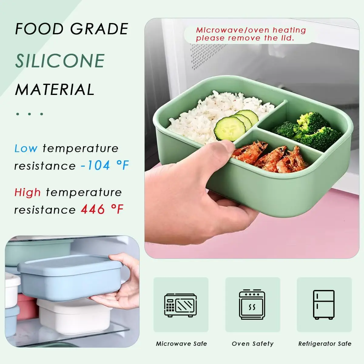 Food Grade Silicone 3-Grid Square Meal Box Convenient Fruit Snack carry High-Temperature Resistant Sealed Bento With cover