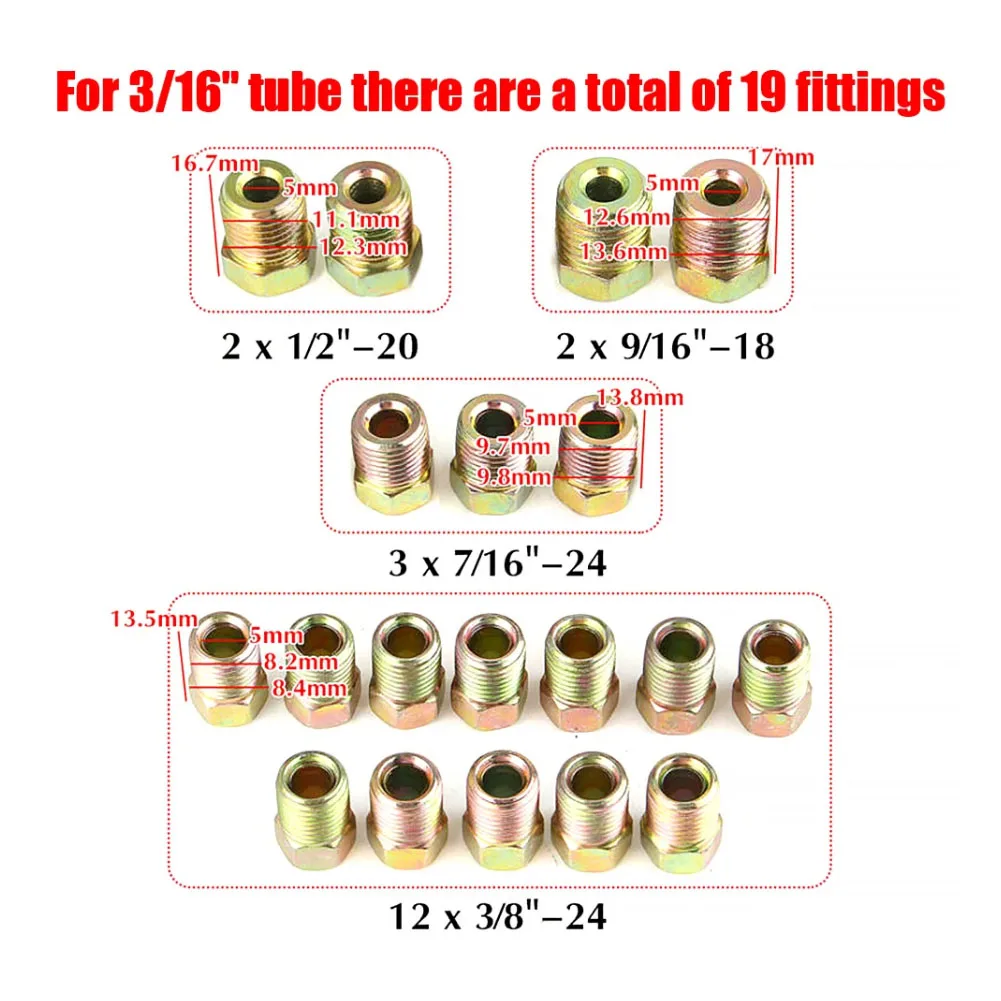 Brake Line Fittings Assortment For 3/16" and 1/4" Tube Fitting Kit Nuts