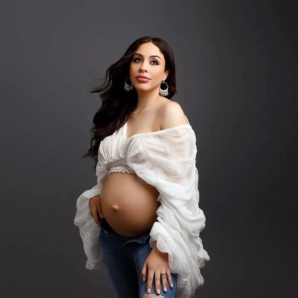 Chiffon Summer Maternity Dress Photo Shooting Pleated Top Flare Sleeve See Through Pregnancy Photography Outfit Women Clothing