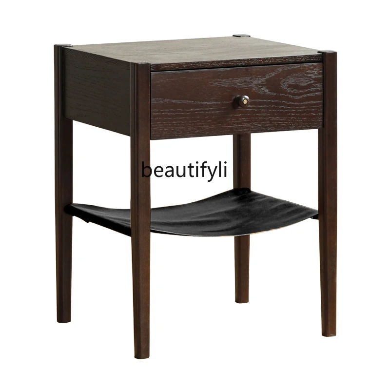 

Nordic Retro Industrial Style Light Silent Leather Oak Solid Wood Sofa Side Table Cabinet