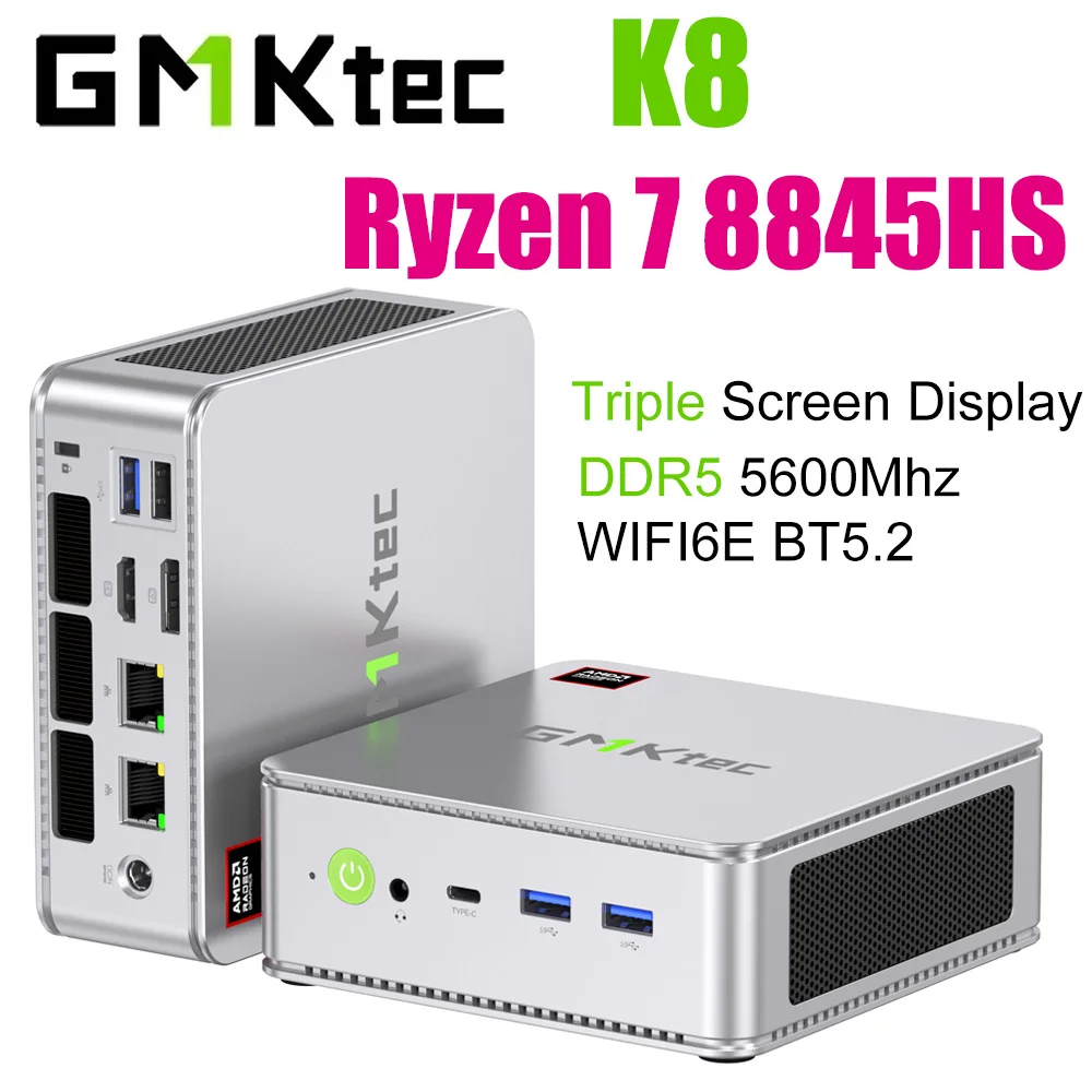 GMKtec 미니 PC 게임용 트리플 스크린 디스플레이, K8 Ryzen 7 8845HS, 윈도우 11 DDR5 5600Mhz PCIe4.0 Nvme SSD, WIFI6 BT5.2