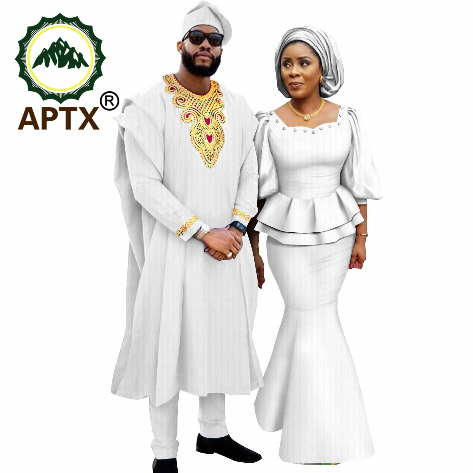 

African Couple Clothes 2023 Men Robe 4 PCS Set Match Women Dresses Top and Mermaid Skirt Lover Party Prom Wedding Wear TY23C060