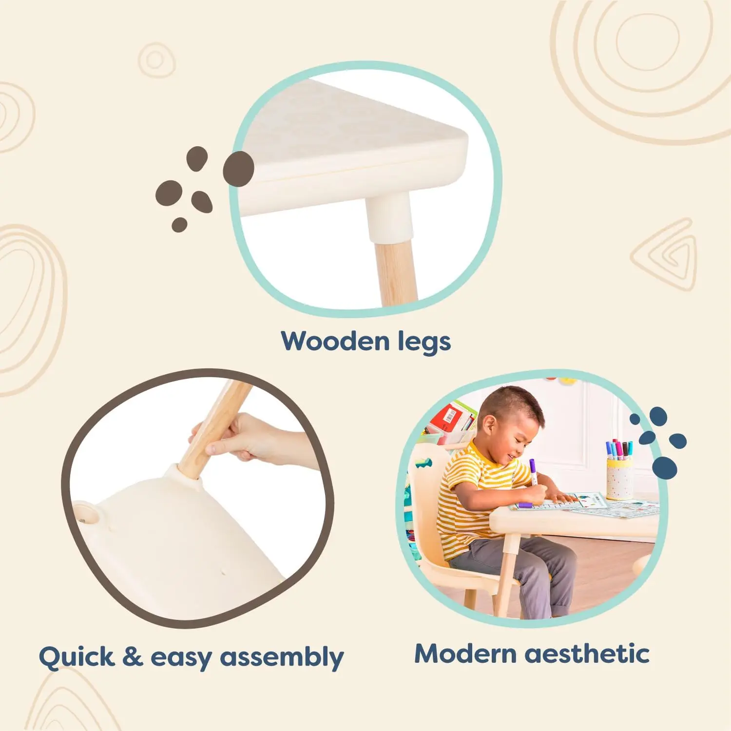 Children Tables Table and Chair Set- Furniture For Toddlers- 1 Craft Table & 2 Chairs- Natural Wooden Legs- Ivory- 3 years +