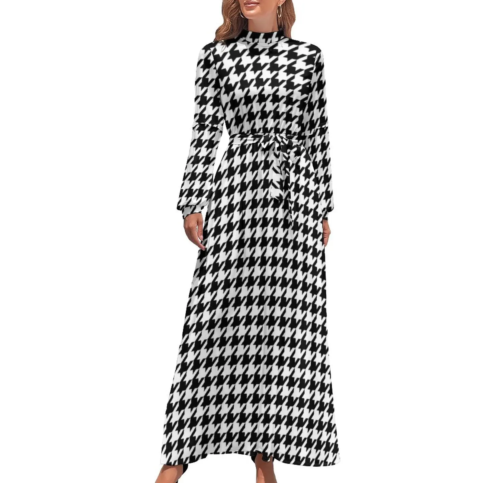 

Black And White Houndstooth Dress Classic Pattern Cute Print Maxi Dress High Waist Long Sleeve Street Style Bohemia Long Dresses