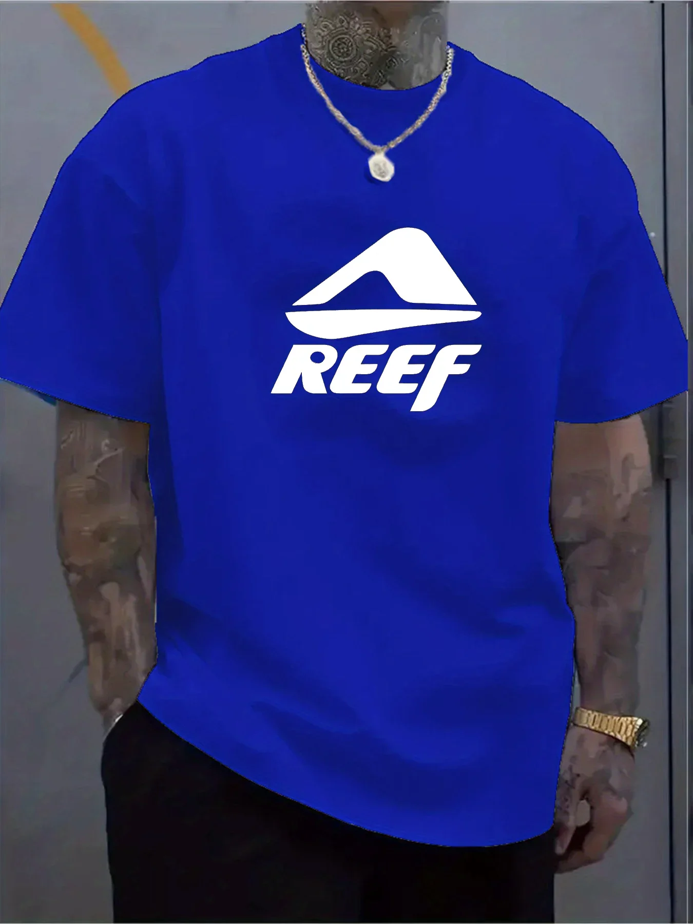 T-shirt Décontracté pour Hommes en Pur Coton avec Motif Géométrique et Lettre REEF