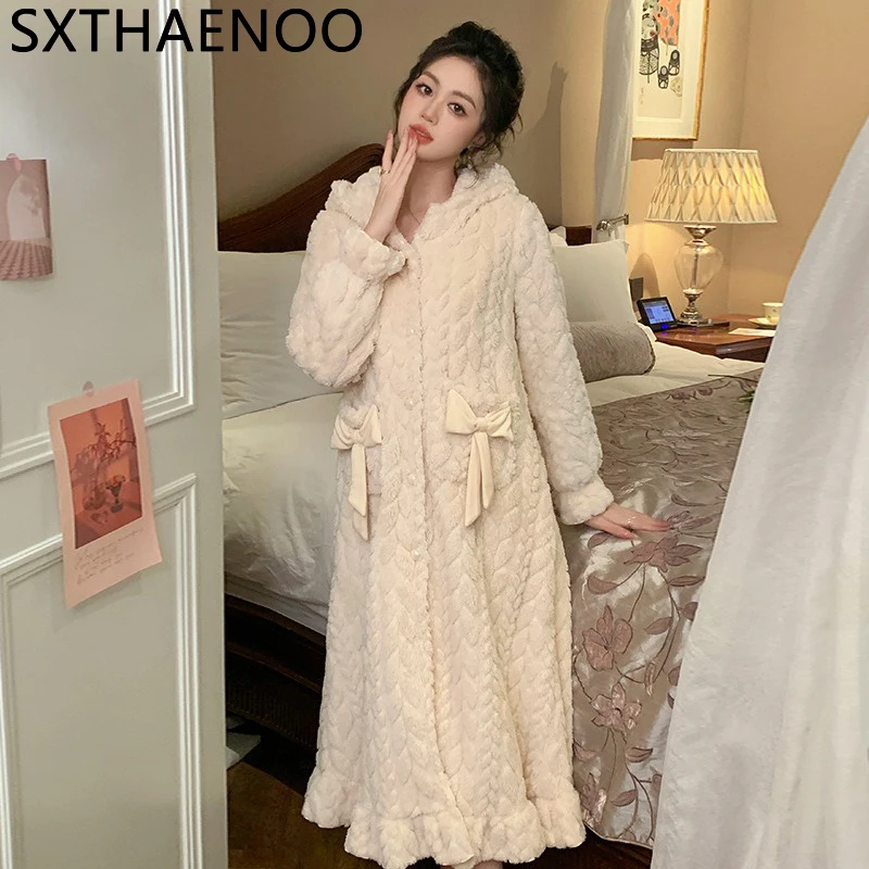

SXTHAENOO Thickened Sweet Pajamas Winter Long Sleeved Hooded Double-faced Velvet Nightwear Warm Comfortable Nightdress For Women