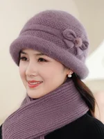 Warm Fce Winter Knitted Hat for ly Women Rabbit Fur andma Cap Cozy Snug Fit ort Brim round Top Polyester Fiber