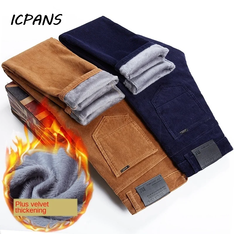 

ICPANS Fleece Velvet Corduroy Trousers Thicken Warm Winter Pants Men Straight Slim Casual Pant 2024