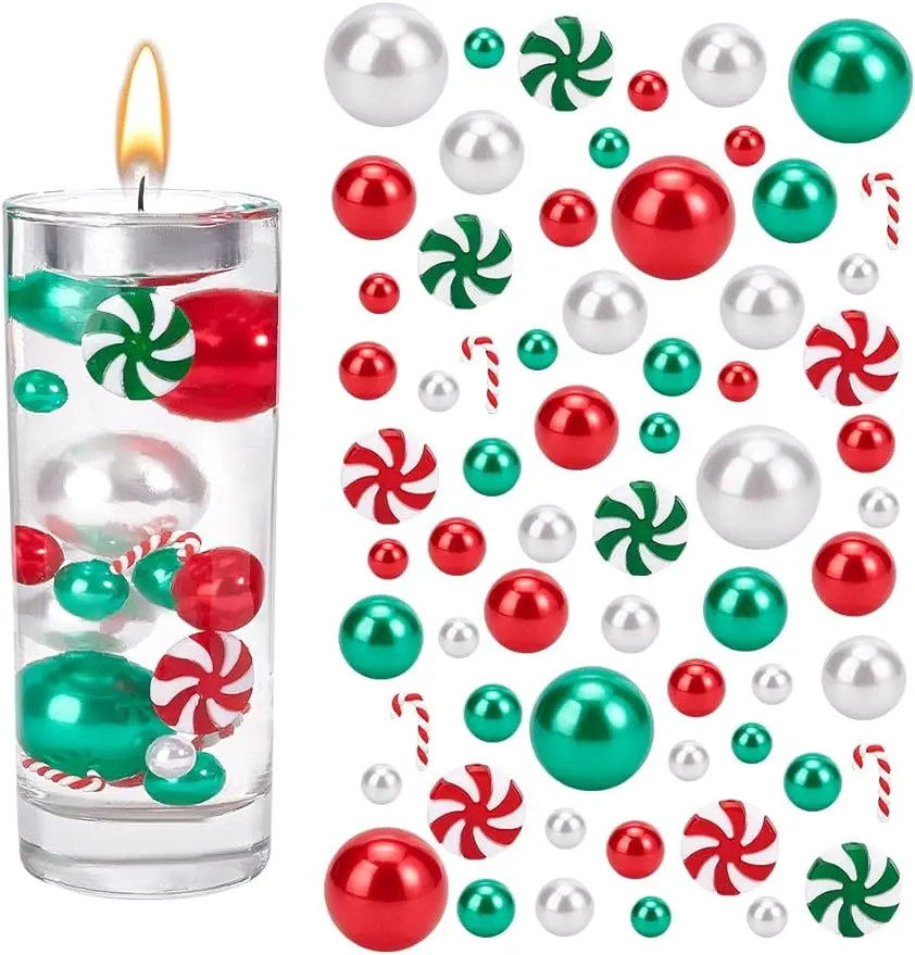 

162PCS Christmas Vase Filler Beads Green Red Candy Cane Pearl Beads Vase Centerpieces Bead Floating Pearls for Decoration Home