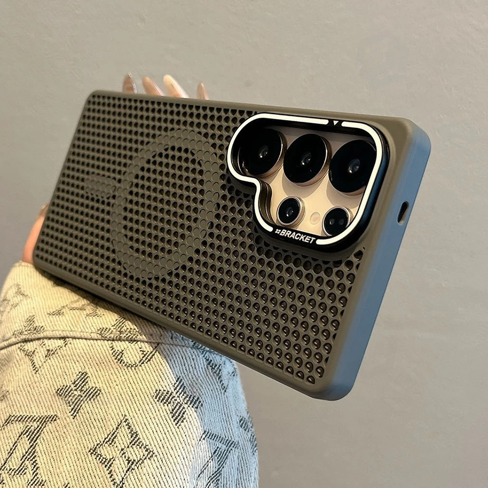 Honeycomb Mesh Cooling Wireless Charging Hard Matte Case with Alloy Lens Bracket