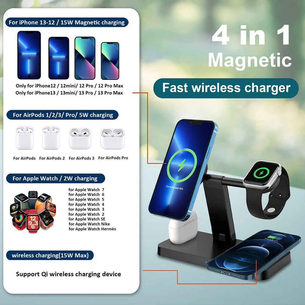 

4 in 1 Magnetic Wireless Charger for iPhone15 14 13 12 11 15W Fast Charging Station for Apple Watch 7 6 SE 5 4 3 Airpods 2 3 Pro