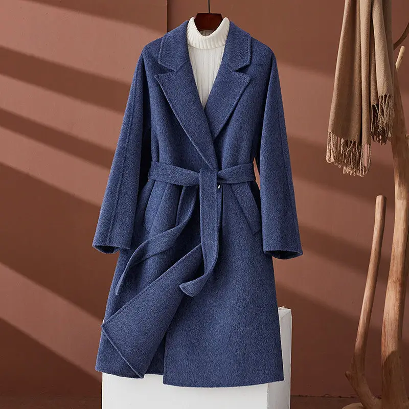 

High-End Wool Overcoat Women Temperament Reversible Cashmere Coat Long Female Fashion Slim-Fit Leisure Lace-up Woolen Outwear